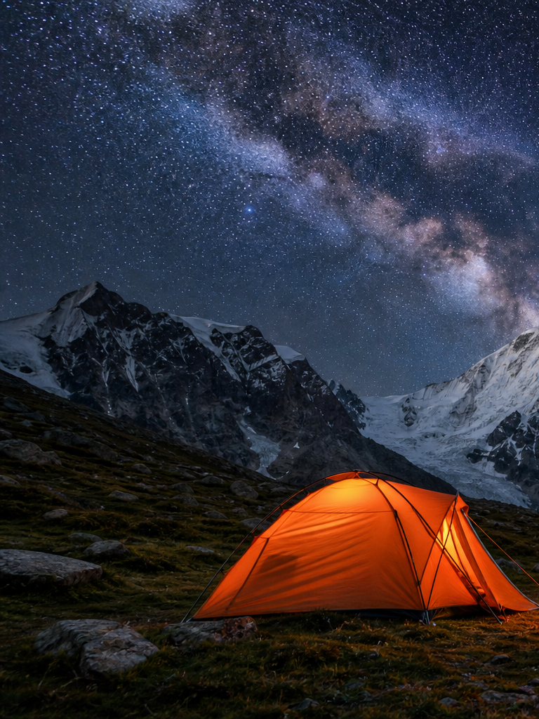 Tent camp under a starry sky in the mountains