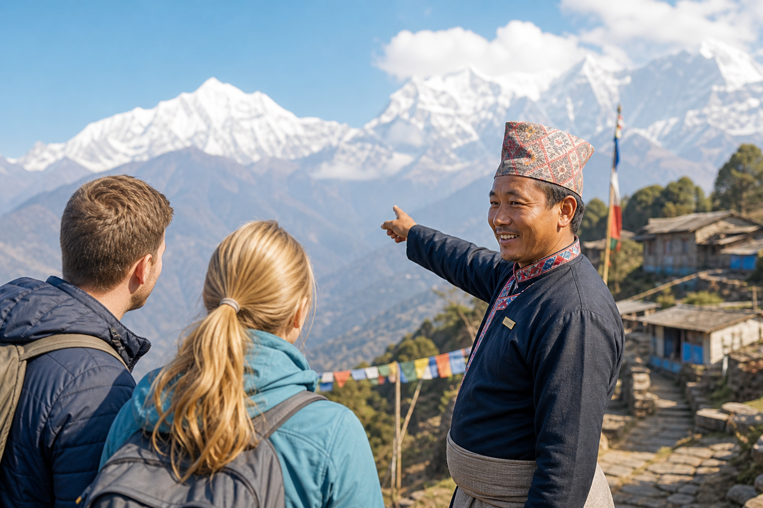 Local Himalayan guide with travelers overlooking the hills