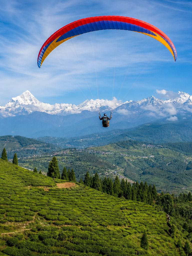 Paraglider soaring over green Himalayan valleys