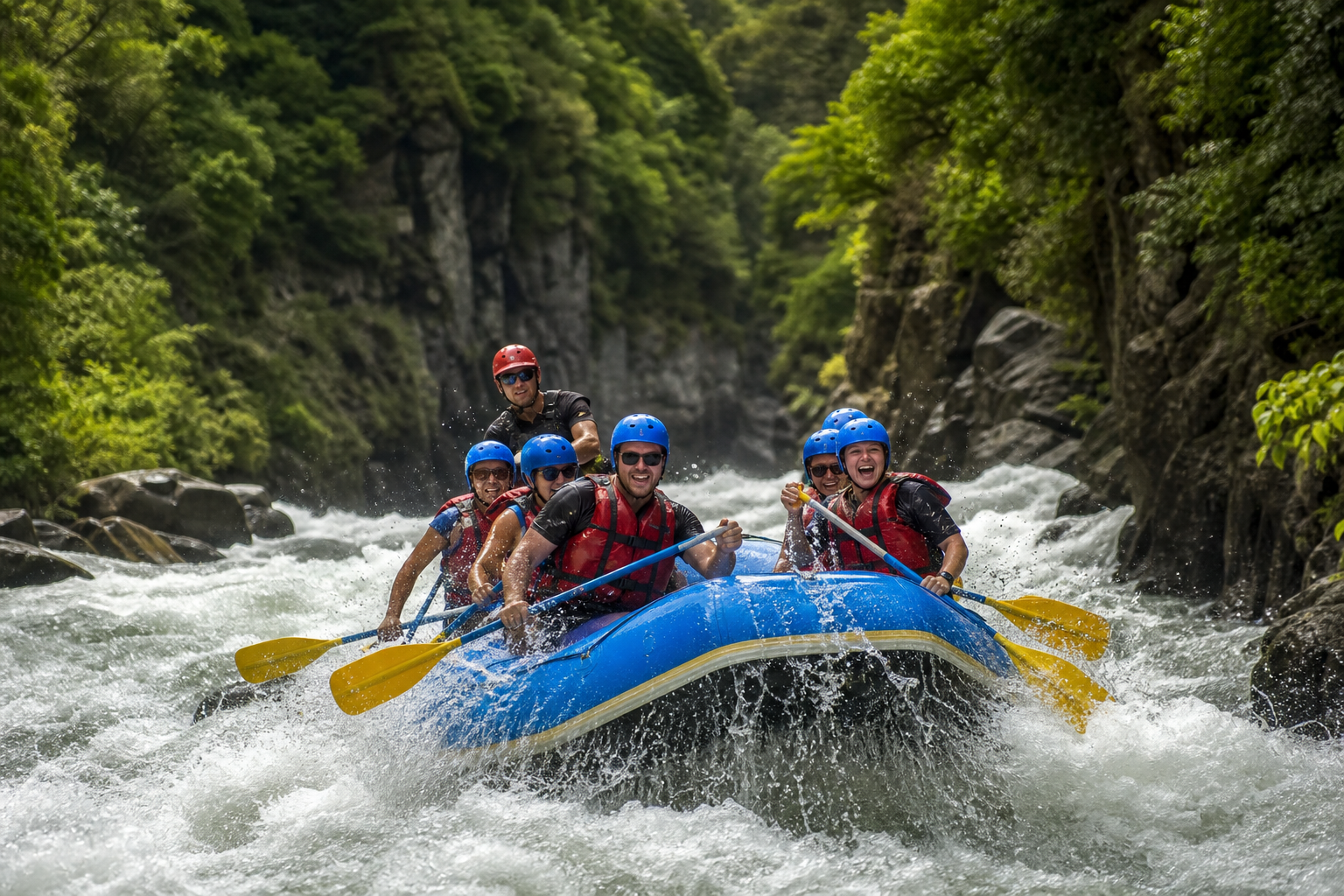 Raft team paddling through white-water rapids